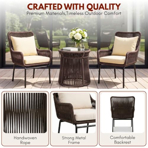 Image of DEVOKO Outdoor 3 Piece Patio Rope Chair Table Set All Weather-Resistant Cushion Handmade Furniture Perfect for Balcony, Garden, Patio, Terrace(Brown & Cream)