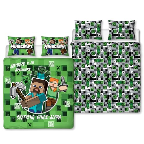 Minecraft Bettwäsche-Set Für Doppelbett – Wendbar, 240x220 Cm + 2 Kopfkissenbezüge 65x65 Cm, Aus Polycotton