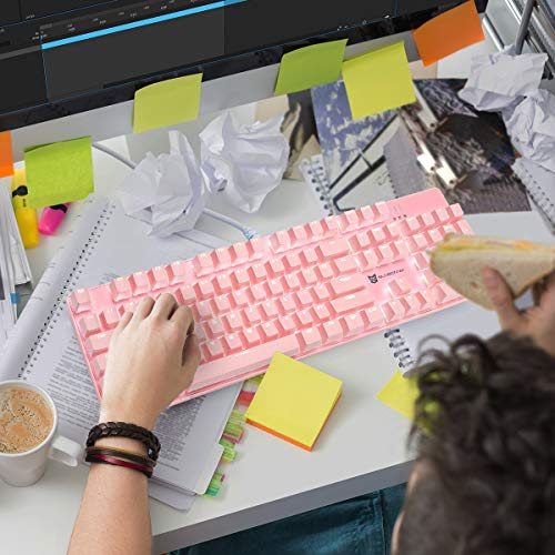 Image of Merdia Full Size Wired Mechanical Gaming Pink Keyboard | Red Switch 104 Keys US Layout Full Size Pink PC Gaming Keyboards | Hot Swappable LED Backlit Light Up Wired Mechanical Computer Keyboards