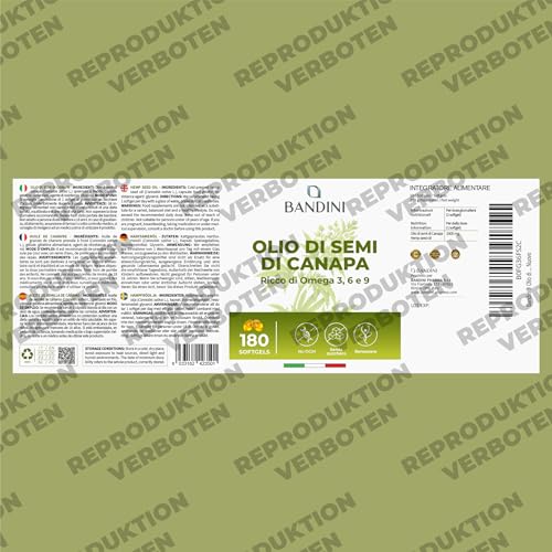 Bandini® Hanföl 1000mg pro Weichkapsel | 180 Softgel-Kapseln | Kaltgepresst Hanfsamenöl für 6-Monats-Vorrat | Reich an Omega 3, 6 und 9 | ALA, Linol- und Ölsäure | 1 Softgel pro Tag | Hemp Seed Oil