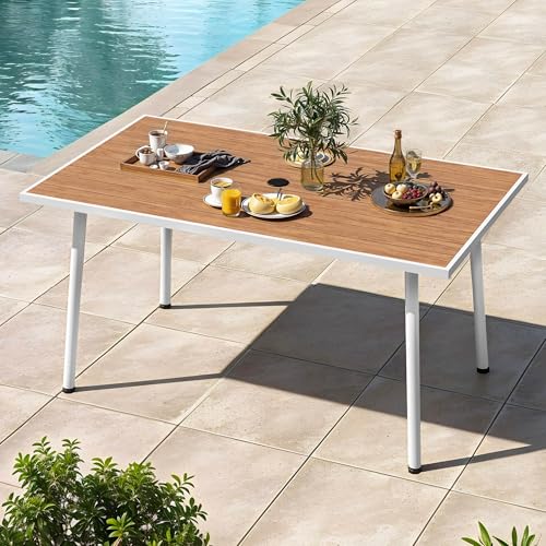 DWVO Outdoor Patio Dining Table Rectangular for 6, PE Rattan and Wood Finish Patio Table 59.1" L with Umbrella Hole, Steel Frame, Adjustable Legs, Weather-Resistant Garden Table Beige+white