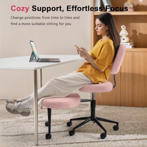 Image of Ergonomic Cross Legged Office Chair，ADHD Chair for Adults，Height Adjustable Meditation Chair with Wheels，Teddy Fabric Yoga Kneeling Chairs with Comfortable Back Support (Pink)