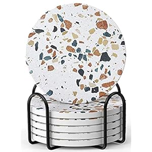 LIFVER Absorbent Drink Coasters with Holder, Set of 6 Ceramic Coasters Set with Cork Base, for Kinds of Drinking Glasses, 4 Inches Stone Coasters for Home Decor, White Elephant Gifts for Adults