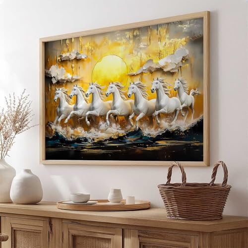 Image of HOTHOUSE 7 Horses Vastu Frame Wall Art Painting for Living Room Bedroom Office Home Decor | Seven Running Vastu Lucky Horse Rising Sun Painting Wall Decor Size (10X13 inch)