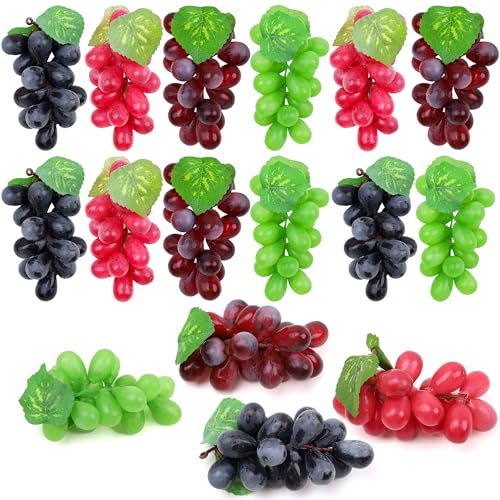 Folmywy 16 Pack Artificial Fake Grapes Simulation Faux Grape Bunches Black Purple Red Green Realistic Rubber Fruits Decoration for Wedding Party Home Fruit Wine Garland Decor