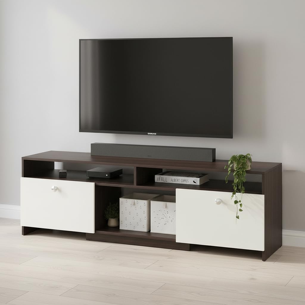 FURNEASER Salvi Engineered Wood Tv Unit for Living Room, Set Top Box Stand, LED Entertainment Unit with Door, Cabinet, Large for 50 to 65 Inch Tv (Wenge & White)