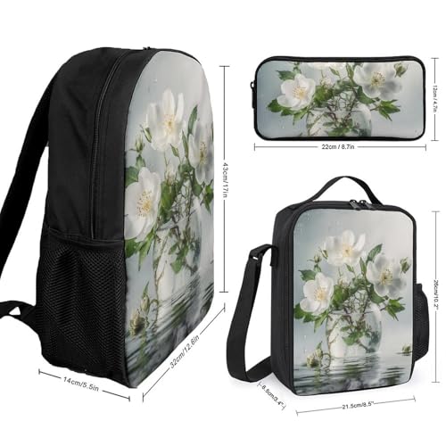 3 Piece Backpack for Women Men Lightweight Causal Daypack Shoulder Bag Set with Insulated Lunch Bag And Pencil Case Organizers White Flowers And Green Leaves2