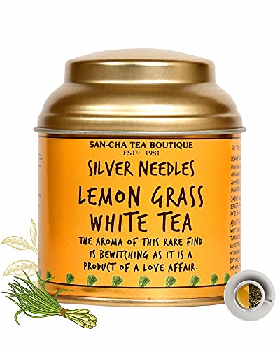 Image of Sancha Tea Boutique, Lemongrass White Tea, 25g Loose Leaf, Pure Silver Needle Buds with Lemongrass, Antioxidant Rich, Caffeine Light & Calming Herbal White Tea