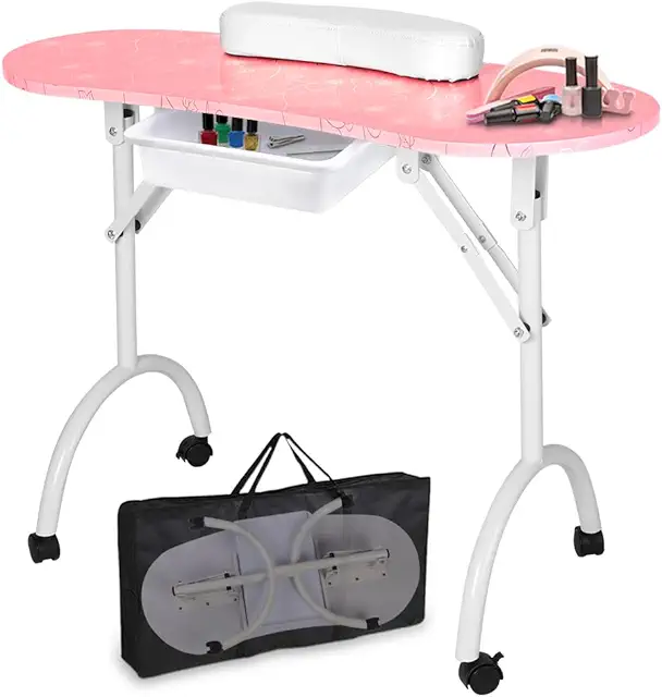 LEIBOU Portable Foldable Manicure Table Nail Desk with Wheels & Drawer - Pink Pattern