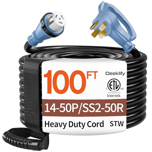 100FT 40 Amp Generator Cord NEMA 14-50P/SS2-50R Heavy-Duty 4 Conductors Cable Pure Copper STW RV Extension Cord Female Plug with Twist Lock Suitable for RV or Camper ETL Listed