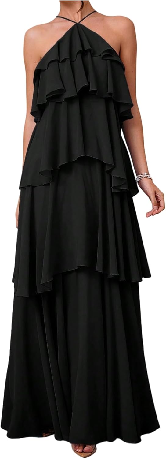 SOLY HUX Women's Sundresses Ruffle Layered Halter Flowy Maxi Dress Elegant Wedding Guest Dresses