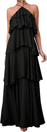 SOLY HUX Women's Wedding Guest Dress Sundresses Ruffle Layered Halter Backless F