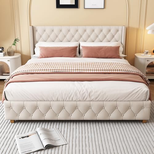HYSZ Cama tapizada, cama doble, marco de cama, Lit capitonné 140 x 190 cm, Avec sommier à Lattes et tête de lit, revêtement boutons, revêtement Rivets, Pieds en Bois, lin, beige