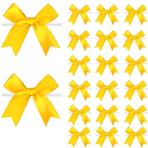 60 Pcs Twist Tie Bows Satin Ribbon Bow 3.3 Inch Gift Wrap Ribbons Craft Bows for Gift Wrapping Party Decorations Gifts Bag DIY Treat Bags Yellow
