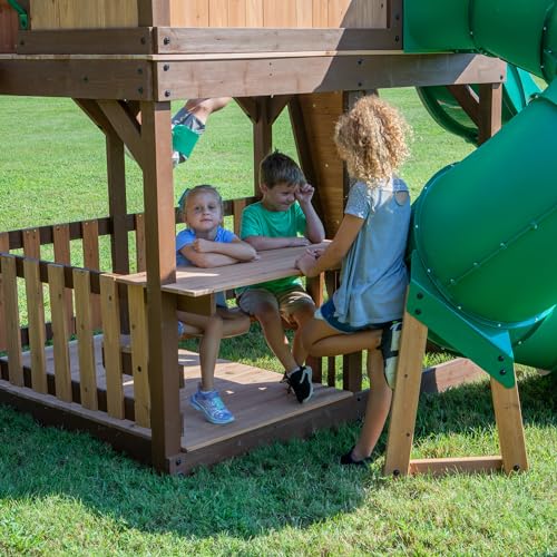 Backyard Discovery Skyfort All Cedar Swing Set, Elevated Covered Wood Roof Clubhouse with Bay Windows, 2 Belt Swings, Web Swing, 10ft Wave Slide, 5 ft Tube Slide, Covered Picnic Table, 5 ft Rock Wall - image 6