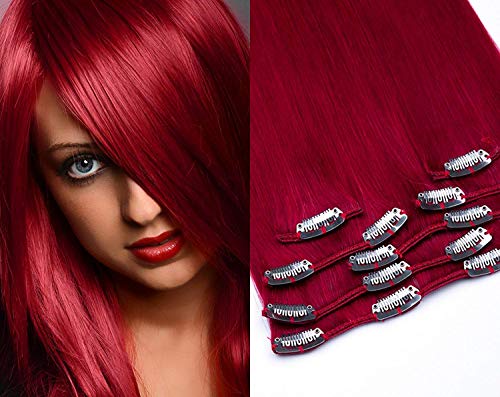 Clip In Extensions Set 100% Echthaar 7 teilig 70g Haarverlängerung 55cm Clip-In Hair Extension in der Farbe # Dark Red Cover