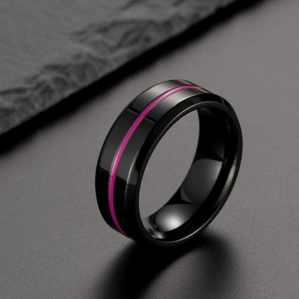 Juego de canal de acero inoxidable de 0.315 in para hombre, color rosa, epoxi, banda acanalada, bordes biselados, anillo de compromiso de boda, Acero inoxidable 316L, Sin piedras preciosas 2