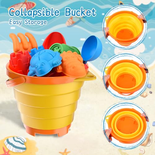 Sotodik Beach Toys Set for Kids, Collapsible Sand Bucket and Shovels Set with Watering Can,Mesh Bag, Ice Cream &Animal Sand Molds,Travel Beach Toys for Toddler Boys Girls Age 3 4 5 6 7 8+