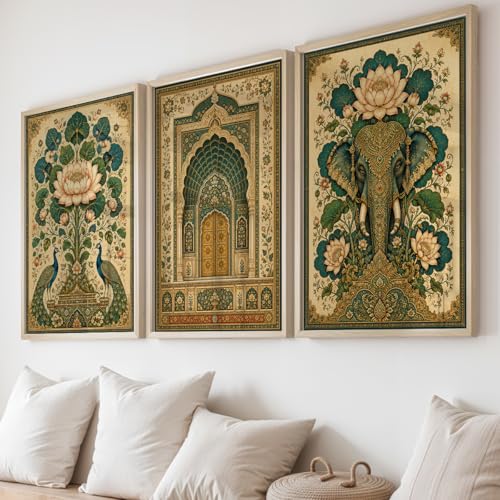 Image of NoWorries Elephant Peacock Wall Art Set of 3 Framed Prints | Indian Traditional Lotus Floral Painting, Royal Palace Arch Poster, Vintage Rajasthani Ethnic Wall Decor for Living Room Bedroom Home (Synthetic Engineered Wooden Frame) (MIN -5, 10x13 inches)