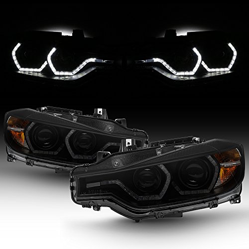 AKKON - For BMW F30 3-Series 4 Doors Sedan Black Smoked Factory Halogen Type Dual U-LED Ring Projector Headlights