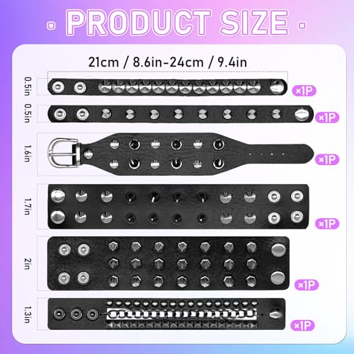 6 Pieces Punk Studded Bracelet,Spiked Leather Rivets Studded Bracelet,Spike Cuff Adjustable Metal Wristband Gothic for Halloween Men Women Accessories2