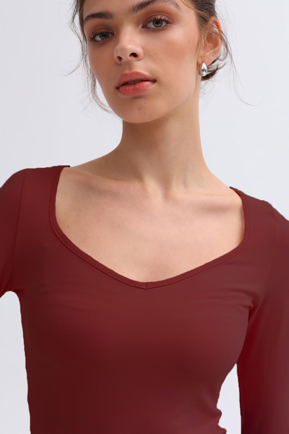 Women Long Sleeve Tops - Sexy Going Out Sweetheart V Neck Basic Shirts Tight Slim Fall Trendy Clothing - Image 2