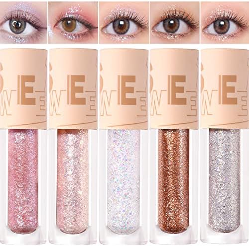 5PCS Liquid Glitter Eyeshadow Set, Shimmer Metallic Eye Shadow Korean Makeup Loose Glitter Glue for Eye Crystals, High Pigmented, Long Lasting, Quick Drying
