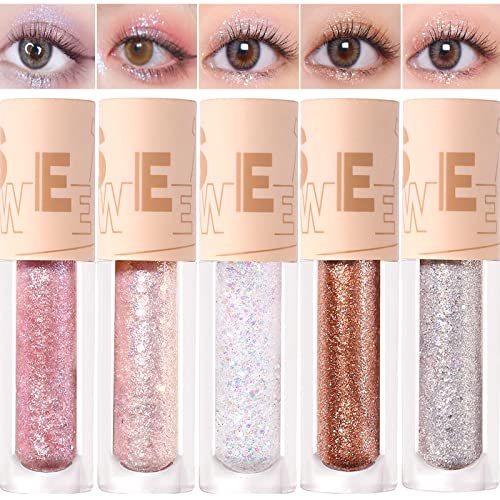5Pcs Liquid Glitter Eyeshadow Set, Shimmer Metallic Eye Shadow Korean Makeup Loose Glitter Glue For Eye Crystals, High Pigmented, Long Lasting, Quick Drying #TOP1