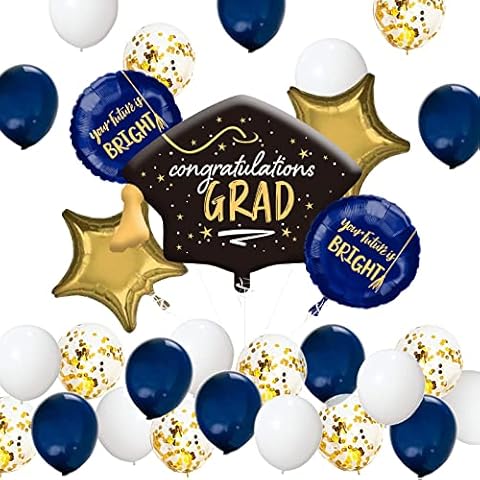 JOJO FLY Graduation Party Supplies 2024 Decorations Kit, Congratulations Grad Foil Balloons, Navy Blue Gold and White Balloons Set, Graduation Balloons, Navy Blue Graduation Decorations 2024 Cover