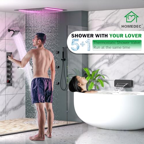 HOMEDEC 14x20inch and 6inch Shower Heads System with Bathtub Spout, 5 Way Diverter Valve, Handheld and 6 Body Jets Luxury Shower Set, Black
