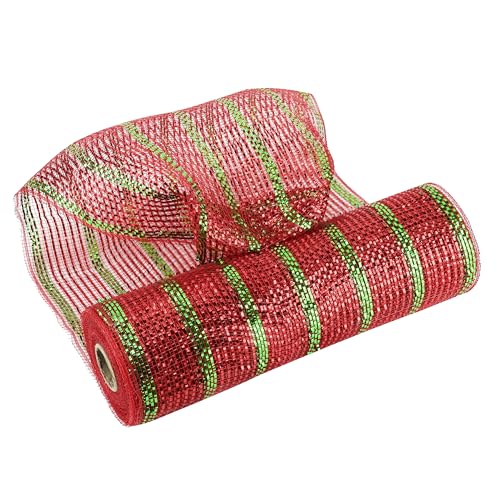 MEEDEE Red and Green Deco Mesh 10 Inch Roll Christmas Deco Mesh Metallic Red Mesh Ribbon with Metallic Green Stripes 10 Yards Christmas Mesh for Wreaths Christmas Mesh Ribbon for Christmas Tree