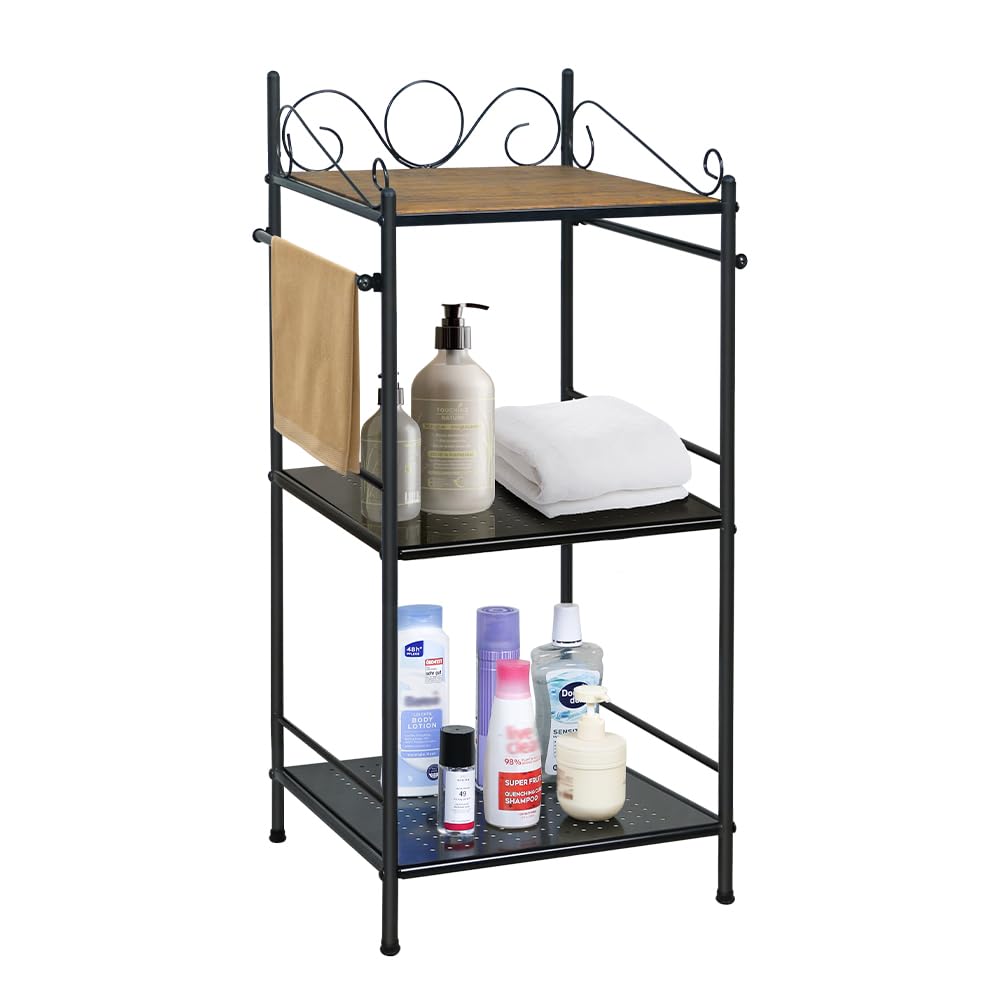 ViHOTA 3-Tier Metal Shelving Unit, Freestanding Bathroom Storage Shelves, Metal Heavy Duty Storage Shelves, Shower Organizer Shelves, Large Capacity, with 2 Towel Racks, for Small Spaces, Black