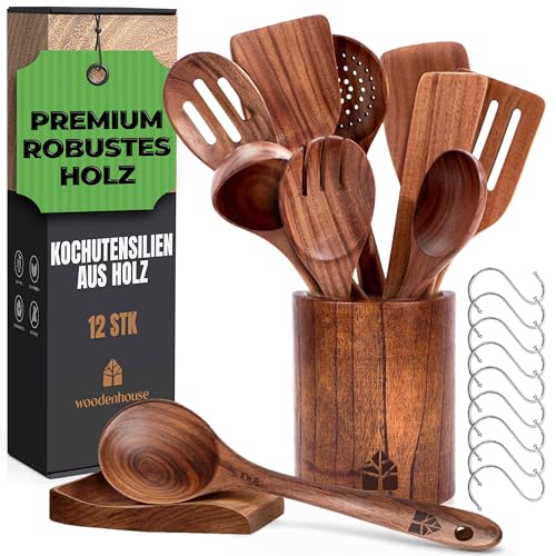 Holz kochlöffel Set 12 Stück aus Teakholz - Robuste Holzlöffel Set mit Halter, Haken und Ablage, Pfannenwender Holz & Kochbesteck - Natürlich & Perfekt für Antihaft, BPA-FREI küchenhelfer