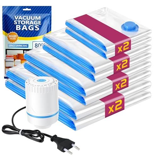 Sac Rangement Sous Vide Aspirateur Avec Pompe Électrique - 8 Sacs (2S,2M,2L,2XL) - Housse Sous Vide Pour Vetement Compressibles pour Couettes, Voyage, Économie d'Espace - Poussière et Humidité