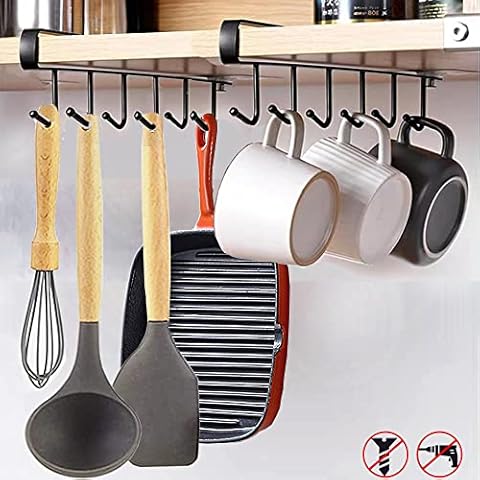 Pack of 2 Cups Wine Glasses Storage Hooks Kitchen Utensils Ties Belt and Scarf Hanging Hook Rack Holder Cabinet No Drilling Required (Black) Cover