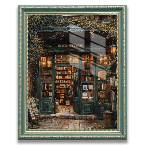 Green Frame Dark Academia Bookstore Canvas Wall Art – Vintage