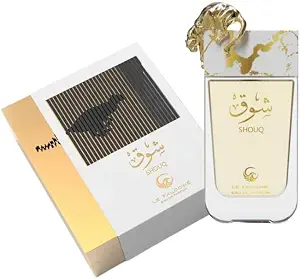 ShouqEau de Parfum, fragancia árabe de lujo, blanco y dorado, botella de vidrio premium con tapa decorativa para mujer 3.0 fl oz