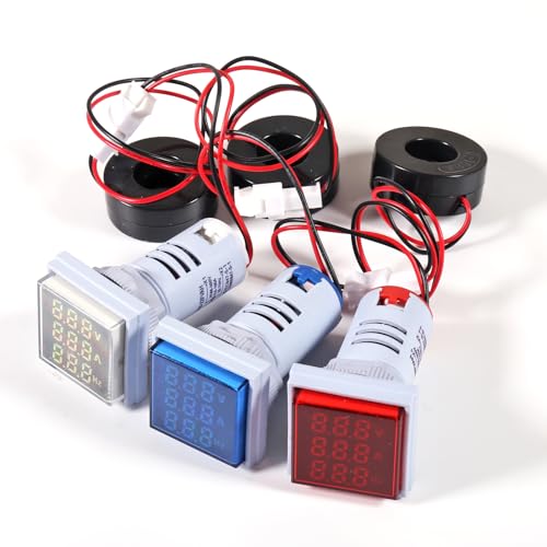 Image of 3PCS Square LED Digital Voltmeter Ammeter Hertz Meter AC20-500V Signal Lights Voltage Current Frequency Combo Meter Indicator Tester with CT(White+Blue+Red)