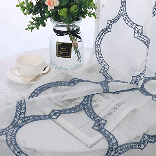 Dwcn Embroidered Sheer Curtains - Faux Linen Moroccan Trellis Semi Voile Rod Pocket Bedroom And Living Room Curtains, Set Of 2 Window Curtain Drapes, 52 X 45 Inch Length, Navy Blue #TOP3
