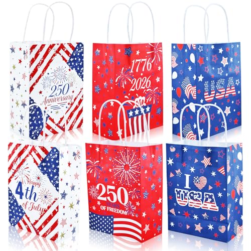 12 Pcs 4th of July Gift Bags 250th Anniversary Patriotic Paper Treat Bags with Handles Red White Blue Party Favor Bags for Independence Day Memorial Day BBQ and Patriotic Celebrations