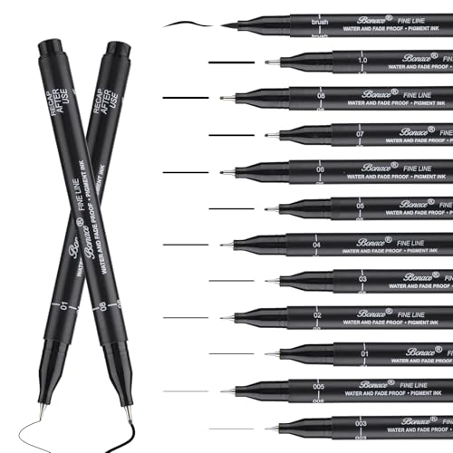 BONACE Fine Liner Pens Black, 0.03-1.0mm Flexible Nib, 12 Pack Art Pens, Black Drawing Pen Waterproof Ink for Sketching and Drawing, Art Supplies
