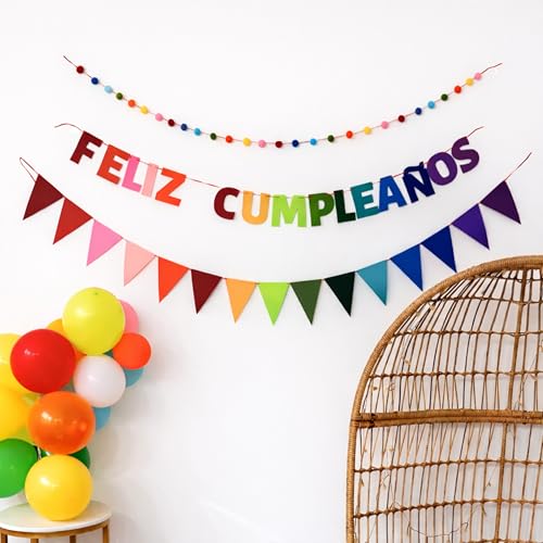 Kit decoração feliz aniversário com balões em espanhol, pré-montado, pack completo com guirlandas, bandeirinhas, bolas de pompom, cores versáteis, conjunto para festas