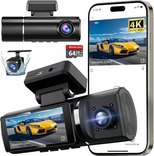 3 Channel 4K Dash Cam Front and Rear Inside, Built-in 5G WiFi, 4K+1080P+1080P Dash Camera for Cars with 64GB Card, Dashcam with Loop Recording,24H Parking Monitor,Night Vision,Support 512GB Max Silver