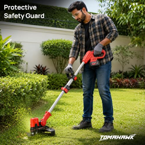 Image of Tomahawk PBC-4200 20V Cordless Brush Cutter, 100% Copper Motor, 3.0Ah x 2 Batteries, Digital Battery Indicator, Adjustable Length Shaft, 400mm Cutting Width | Weed Trimmer with Blade & Rope Attachment