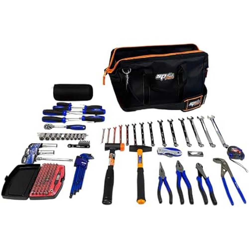 SP TOOLS SP-BAG1 - W pełni wyposażona torba narzędziowa - 132 części - Uchwyt na narzędzia, wytrzymała tkanina i formowana wodoodporna podstawa, odpinany i regulowany pasek na ramię - Skrzynki i torby