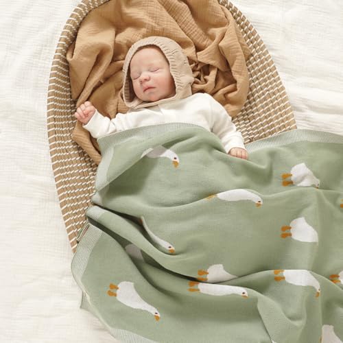 Image of mimixiong Baby Blanket Knit Receiving Boys Girls Blanket Soft Cotton Neutral Blanke for Swaddle Crib Stroller with Cute Sheep (Goose-Sage Green, 30x40 Inch (Pack of 1))