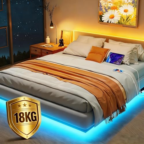 Lista de Base Baja para Cama para comprar online. 46 SAFONUS Base Cama King Size Flotante - con Luces LED Ajustables, Regleta de enchufes con USB, Plataforma de Metal con Listones de Acero Resistente con 9 Puntos de Soporte, no...