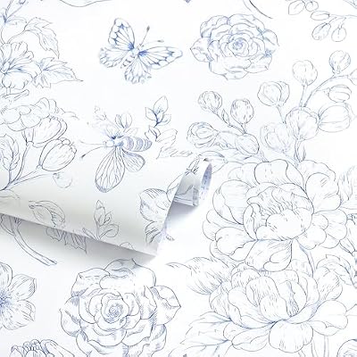 CiCiwind Floral Peel and Stick Wallpaper Blue and White Contact Paper Boho Modern Self Adhesive Removable Wall Paper for Bathroom Bedroom Cabinets Flower Butterfly Papel Tapiz para Pared 17.3"×78.7"