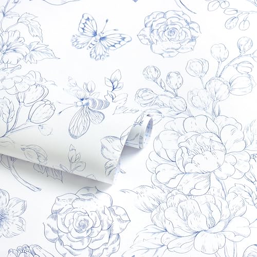 CiCiwind Floral Peel and Stick Wallpaper Blue and White Contact Paper Boho Modern Self Adhesive Removable Wall Paper for Bathroom Bedroom Cabinets Flower Butterfly Papel Tapiz para Pared 17.3