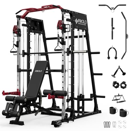 Mikolo M4 & M4 Ultra Smith Machine with Cable Crossover System, Multi-Function Power Cage Squat Rack for Home Gym, Power Rack and Packages (REDPL Bench)